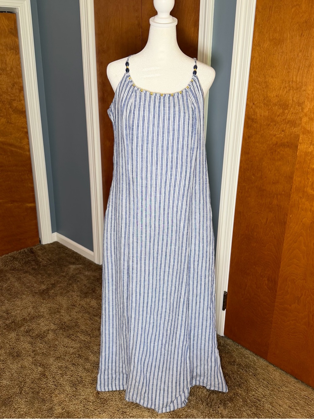 Calypso St. Barth Blue and White Striped Maxi Dress with Beaded Straps. Size XL.